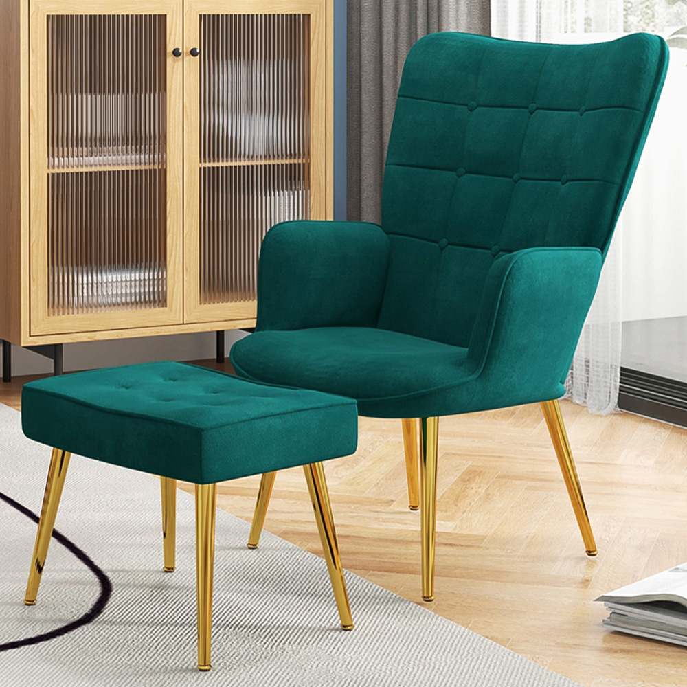 HOMCOM Dark Green Velvet Upholstered Accent Chair with Footstool