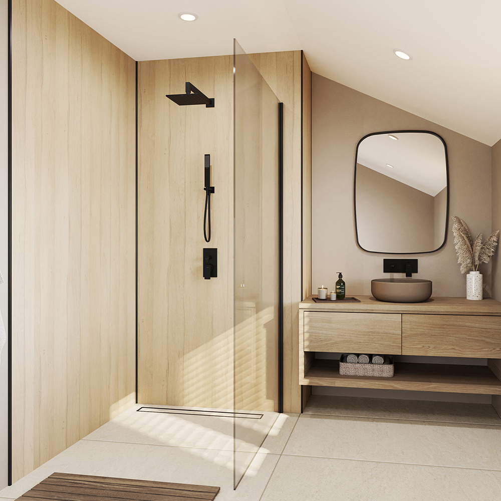 Wetwall Gold Mermaid Tongue And Groove English Oak Plywood Shower Panel 2420 X 1185Mm