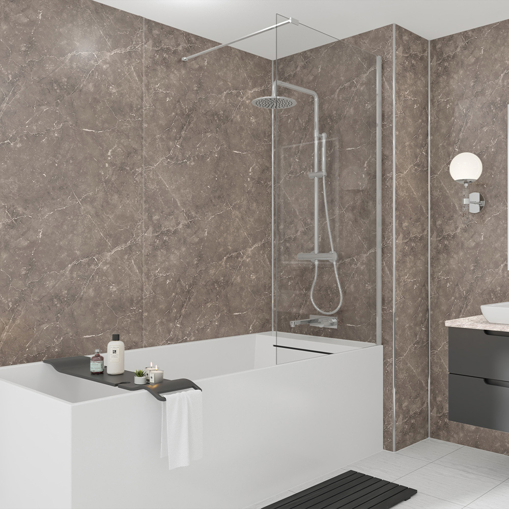 Wetwall Brown Mermaid Tongue And Groove Marmo Venezia Plywood Shower Panel 2420 X 1185Mm
