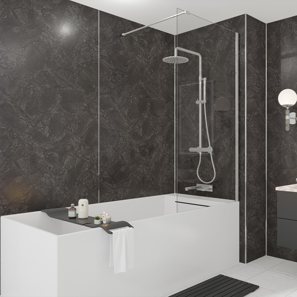 Wetwall Black Mermaid Tongue And Groove Nero Marble Plywood Shower Panel 2420 X 1185Mm