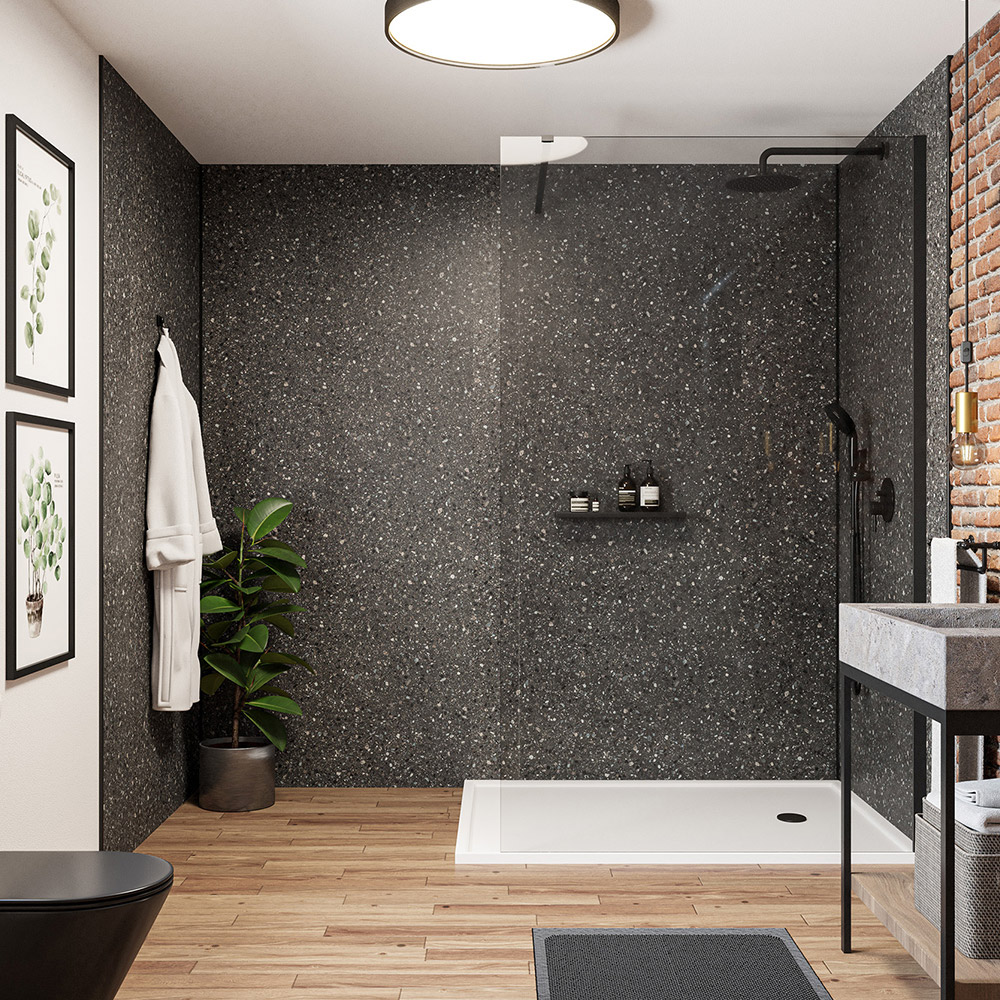 Wetwall Grey Mermaid Tongue And Groove Terrazzo Noir Plywood Shower Panel 2420 X 1185Mm