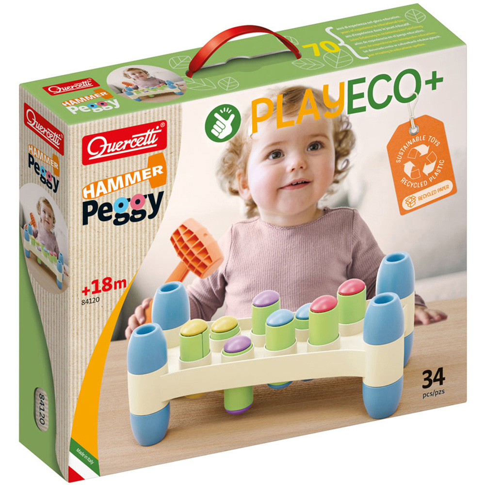 Quercetti - Play Eco+ Hammer Peggy - Early Learning Toy - 8 Pegs - Recycled Plastic