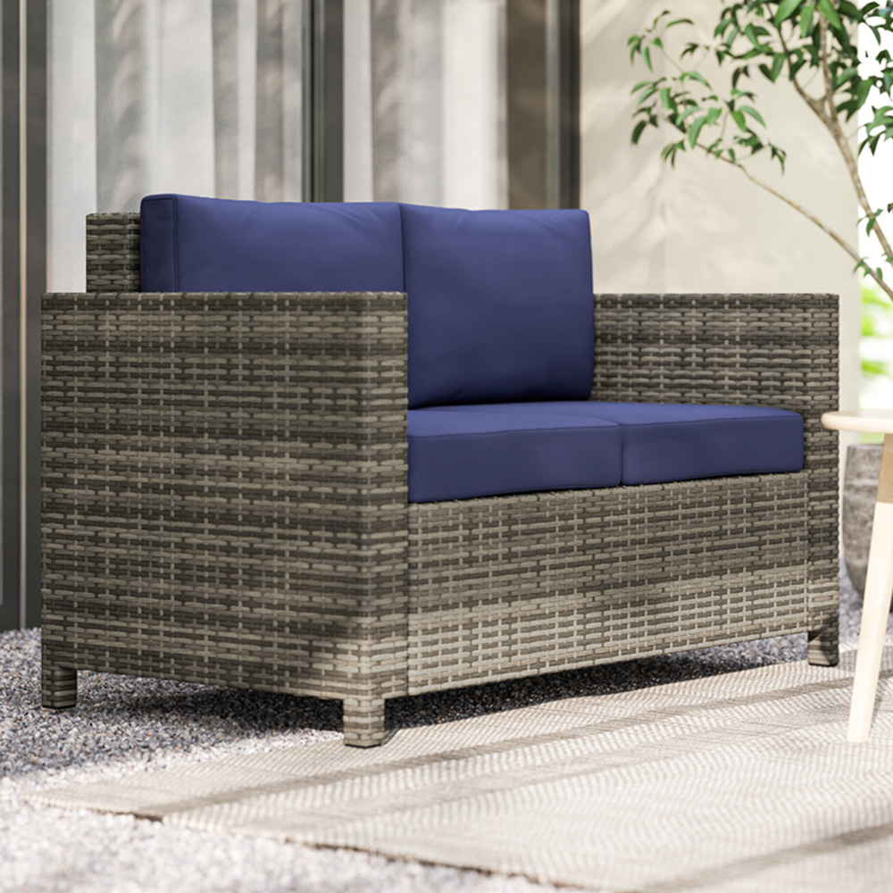 Outsunny 2 Seater Blue Rattan Padded Garden Loveseat