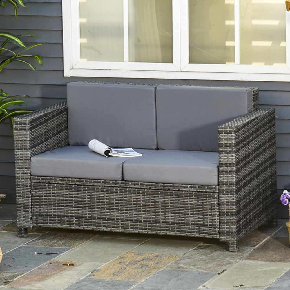 Outsunny 2 Seater Grey Rattan Padded Garden Loveseat