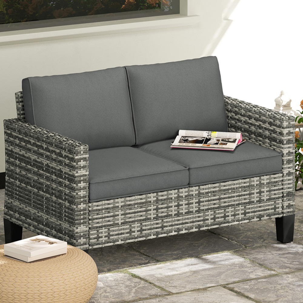 Outsunny 2 Seater Light Grey Cushion Rattan Garden Sofa