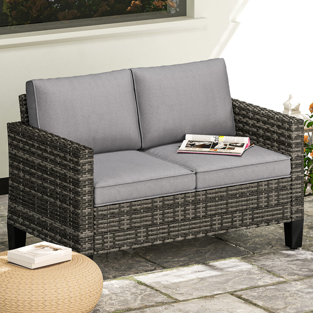 Outsunny 2 Seater Dark Grey Cushion Rattan Garden Sofa