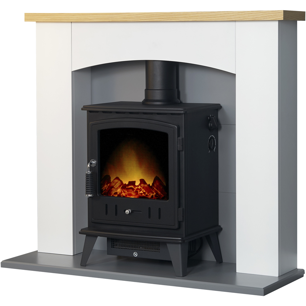 Adam Huxley 39 inch Fireplace - Pure White and Grey with Black Electric Stove - Oak Shelf