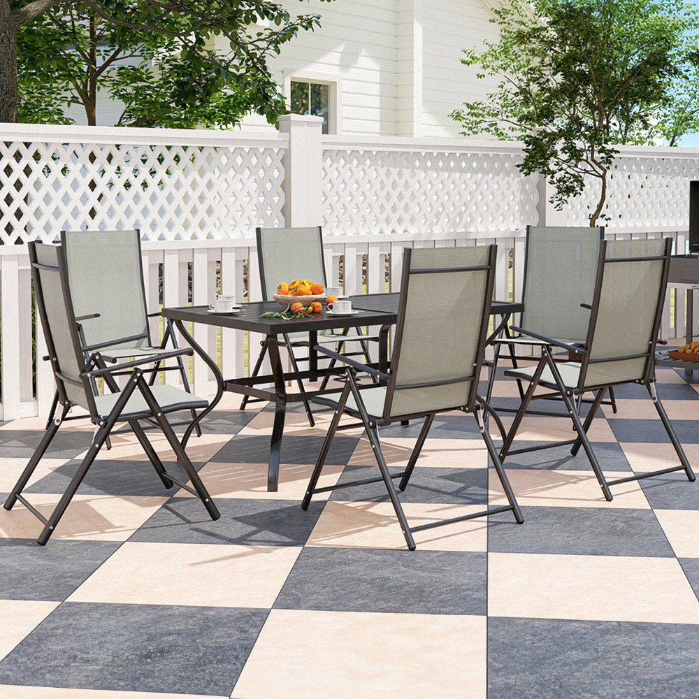 Outsunny 6 Seater Garden Dining Set Khaki - Rectangular Table & Folding Chairs - Steel Frame