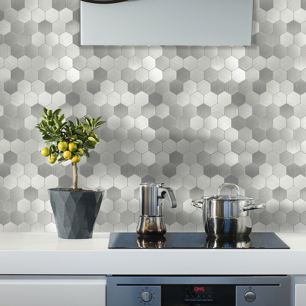 Britwall Large Hexastyle Aluminium Peel and Stick Wall Tile 290 x 288mm - Silver