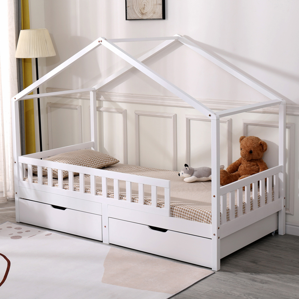 Portland Wood House Bed Frame - White - Kids - 2 Drawer - Pine Wood and MDF
