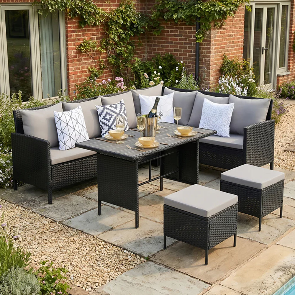 Home Garden Direct Thalia 8 Seater Black Rattan Corner Sofa Set with Polywood Table