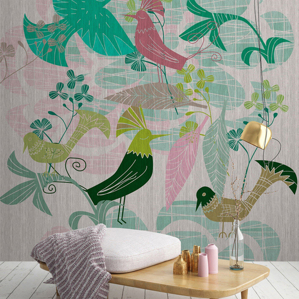 A.S Creation Birdland 3 Digital Mural - Pink and Green Contemporary Design - 400 x 270cm
