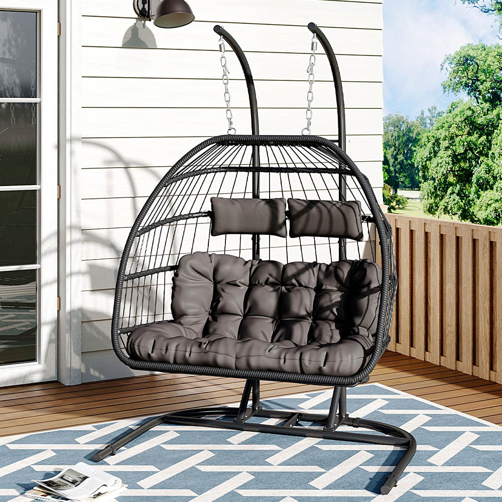 Living and Home 2 Seater Black Linear Wicker Hanging Egg Chair