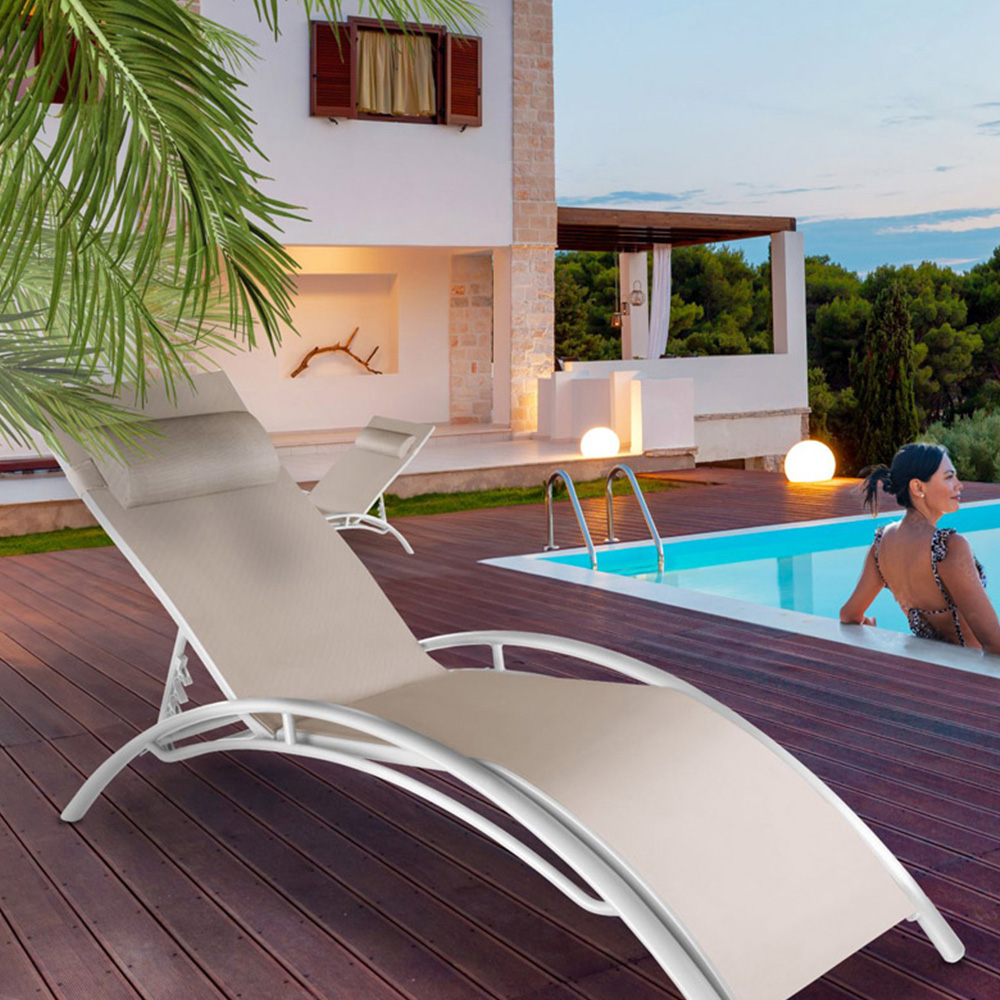 tectake Set of 2 Beige 5 Step Backrest Sun Lounger with Head Cushion