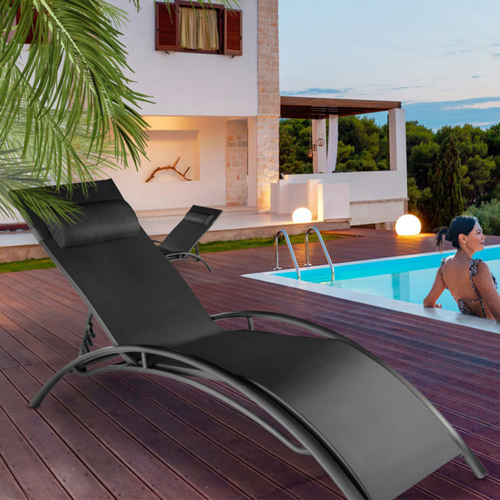 tectake Alina Set of 2 Black 5 Step Backrest Sun Lounger with Head Cushion
