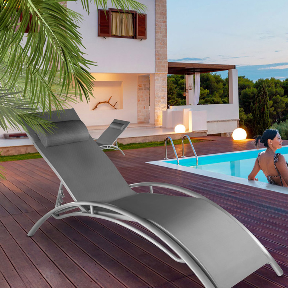 tectake Alina Set of 2 Grey 5 Step Backrest Sun Lounger with Head Cushion