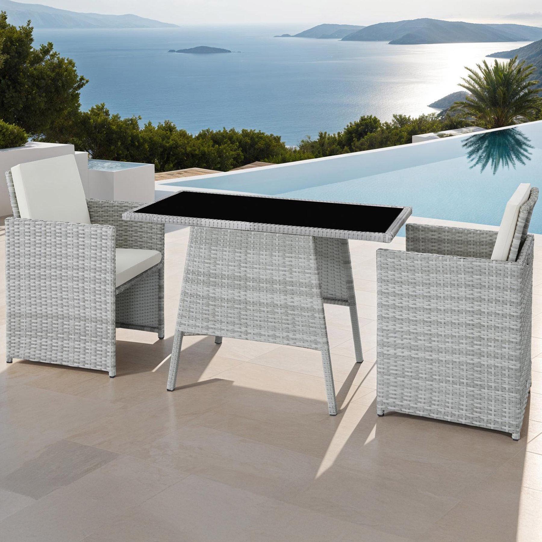 tectake Lausanne 2 Seater Rattan Garden Bistro Set Light Grey