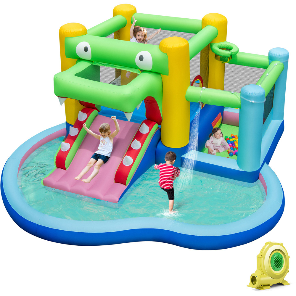 Costway 5 in 1 Inflatable Bounce House Crocodile Water Park with Splash Pool with Blower 680W