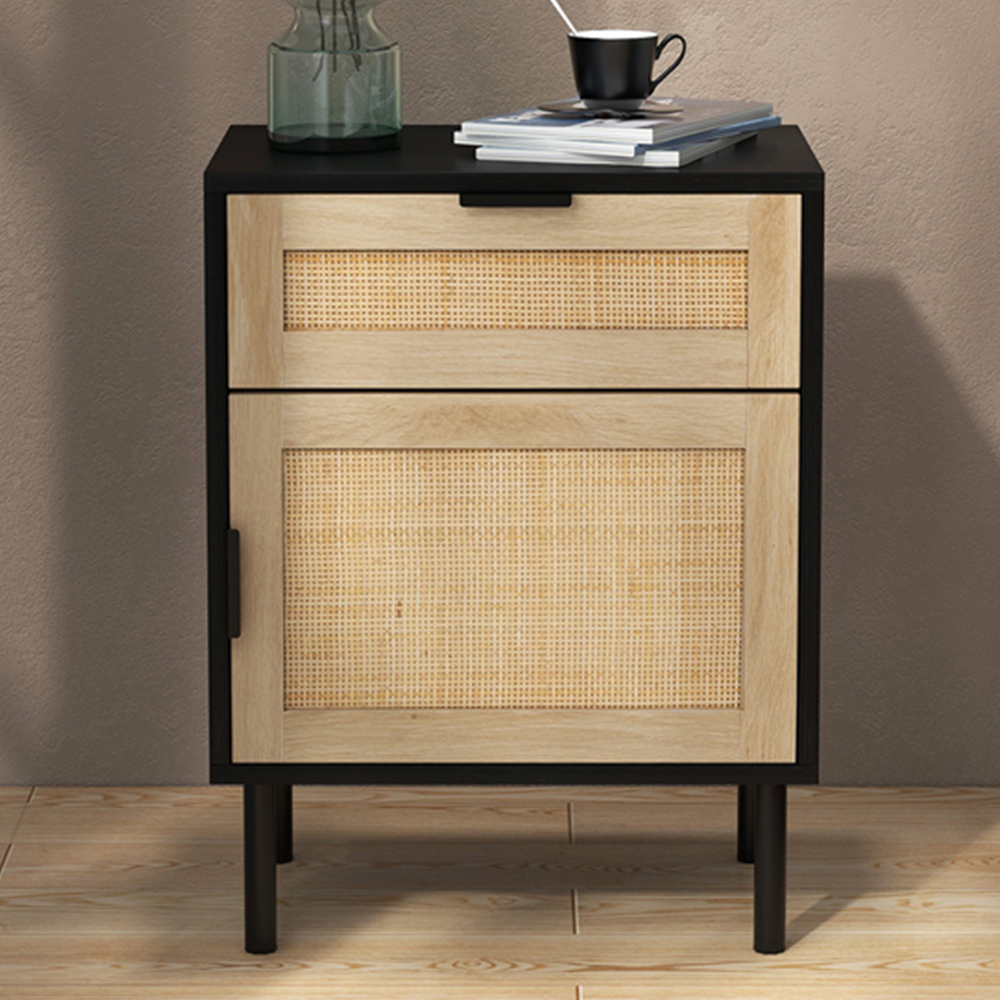 Costway Single Door Single Drawer Black Rattan Nightstand Set of 2