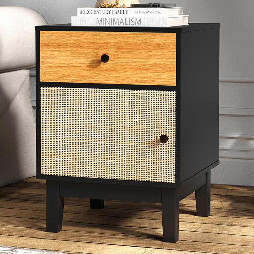 Costway Single Door Single Drawer Black Modern Rattan Nightstand