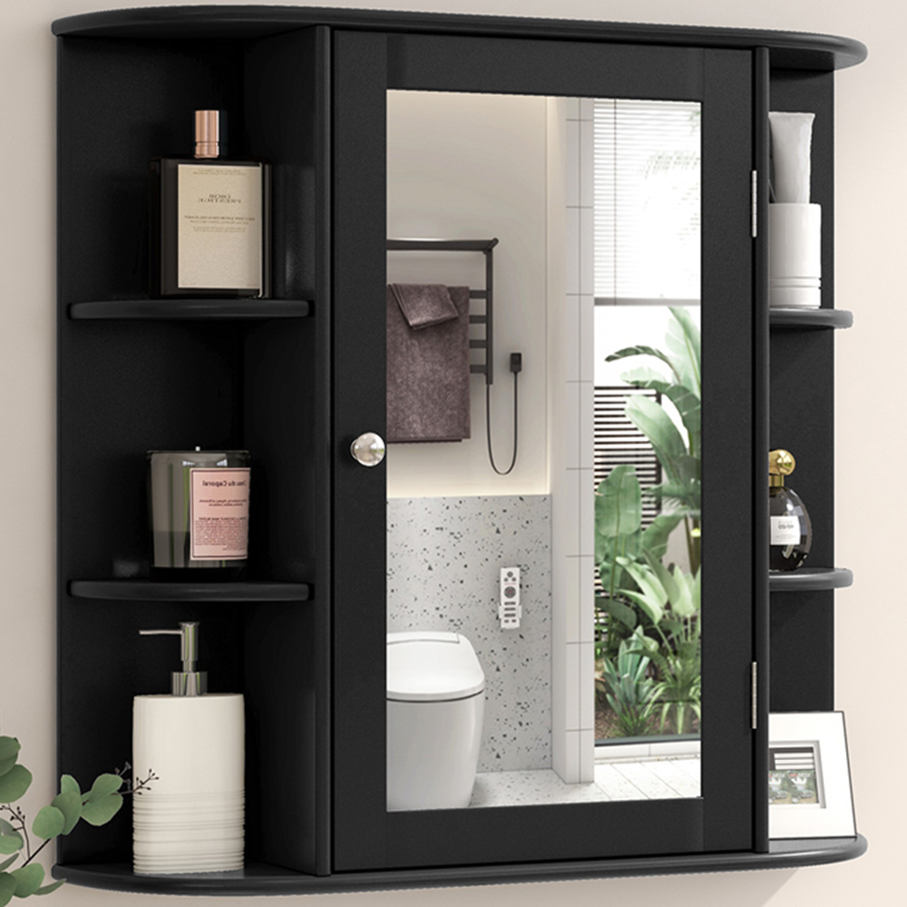 Costway Single Door 6 Shelf Black Mirrored Wall Mounted Bathroom Cabinet