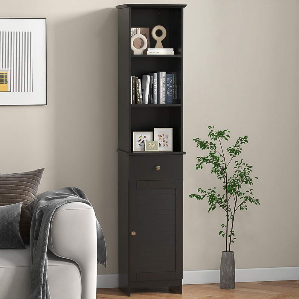 Costway Single Door Single Drawer 3 Shelf Black Tall Bathroom Cabinet