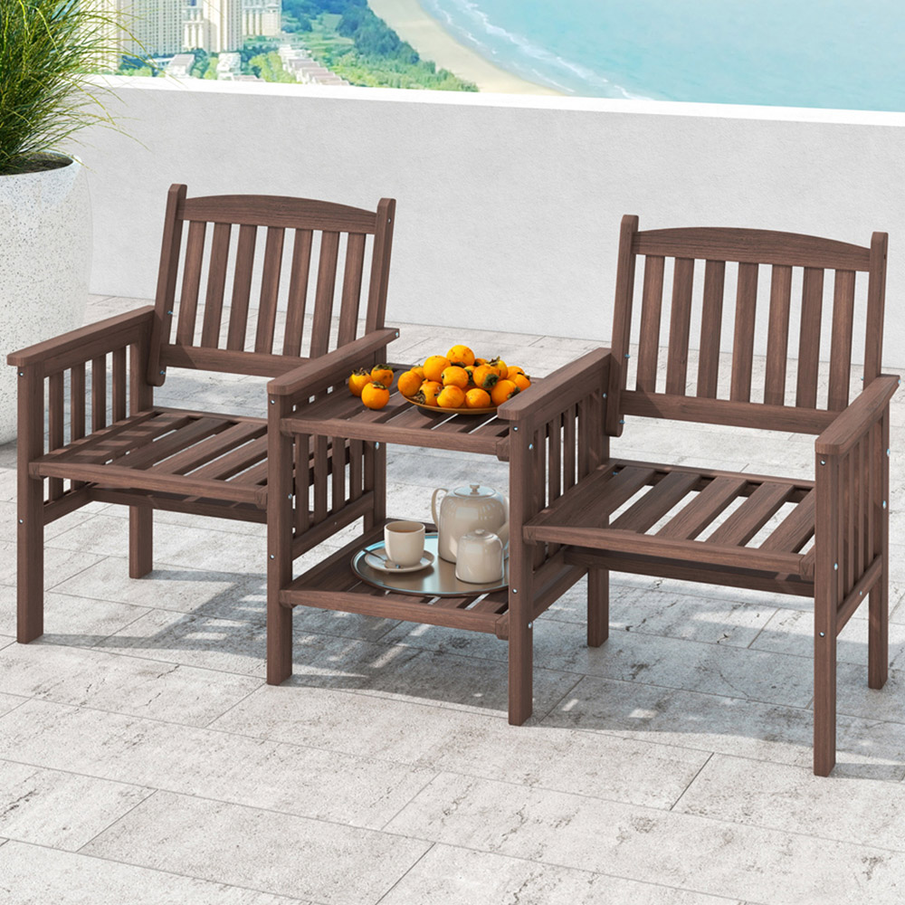 Costway 2 Seater Fir Wood Outdoor Loveseat and Side Table Set Brown