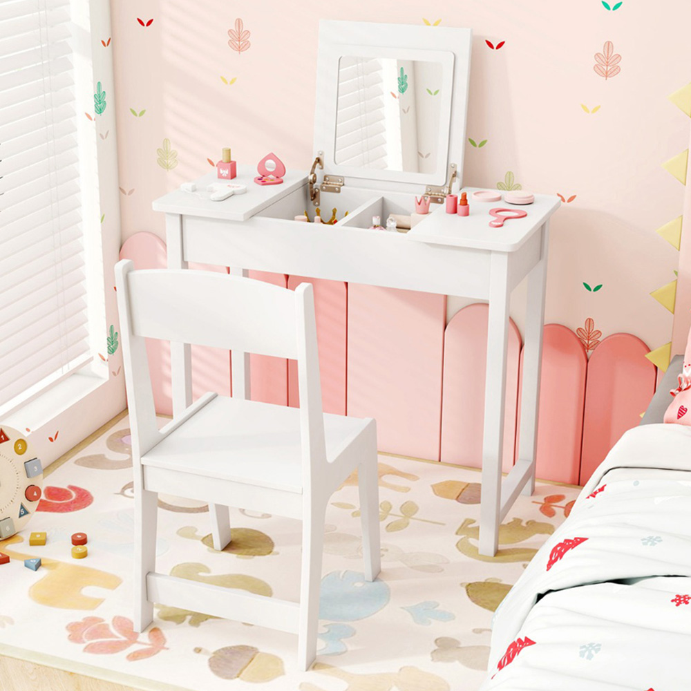 Costway 2 Drawer Single Shelf White 2 in 1 Kids Vanity Table Set with Flip Top Mirror