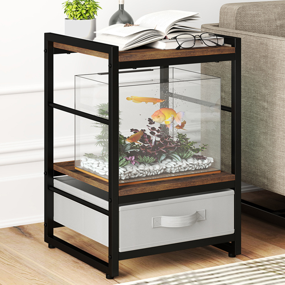 Costway Single Drawer 2 Shelf Rustic Brown Wooden Nightstand with Fabric Drawer