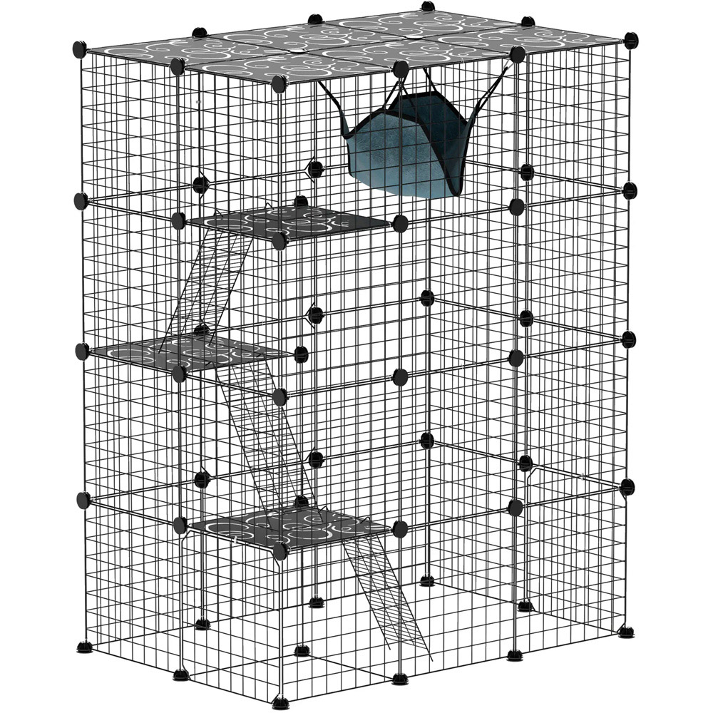 PawHut 4 Tier Cat House - Black - Indoor Cat Cage with Hammock - DIY Design