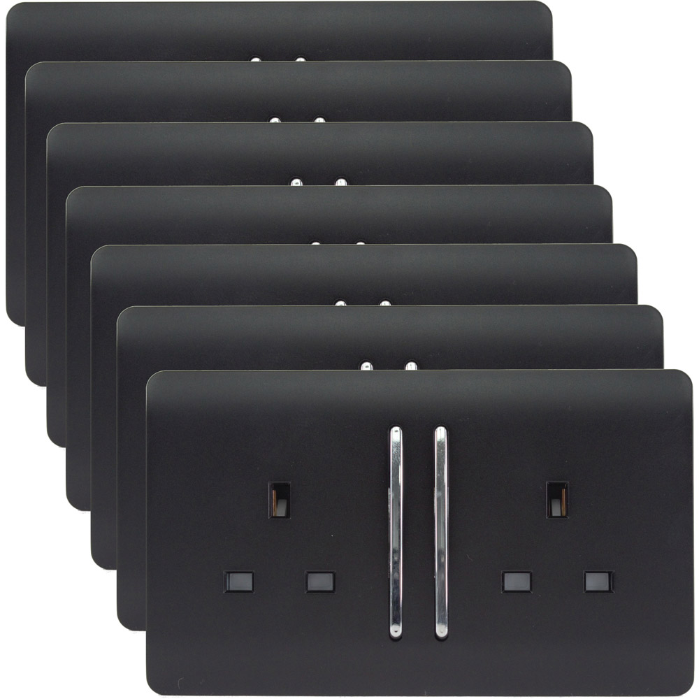 Trendi Switch 2 Gang Long Switch Matt Black Plug Socket 7 Pack