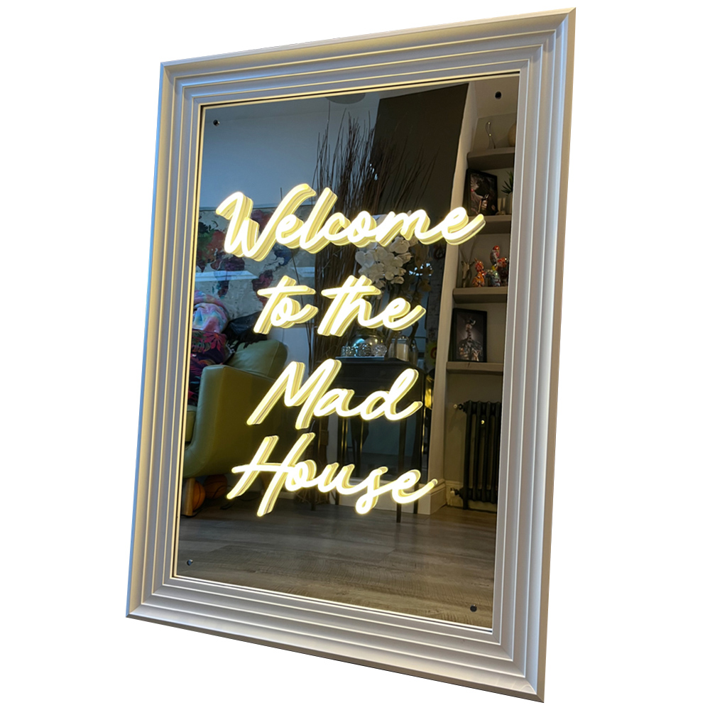 Splashbax Welcome to the Mad House Mirror White Premium Gallery Frame LED Neon Wall Art