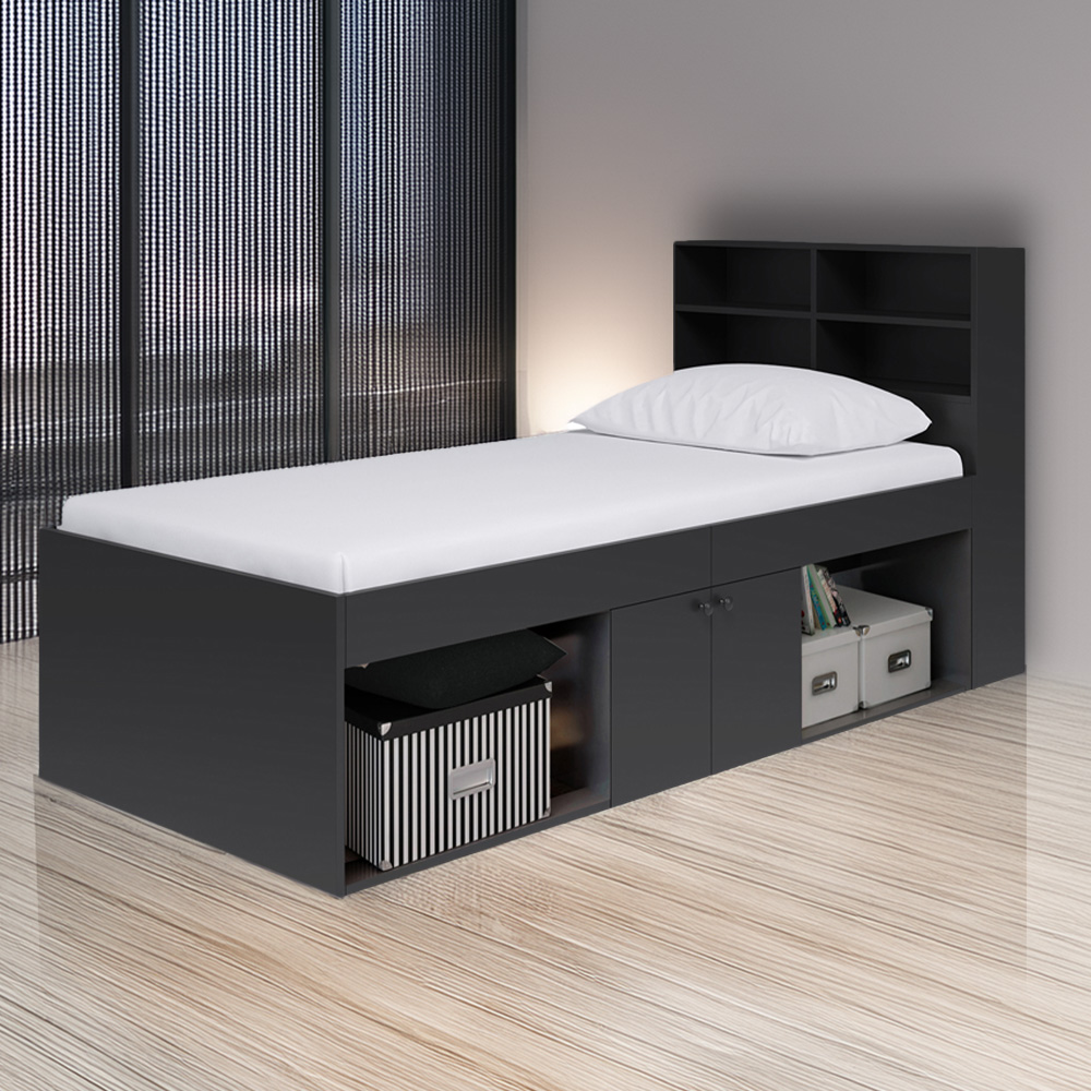 Kudl Single 2 Door 2 Shelf Black Low Cabin Bed with Bookcase Headboard