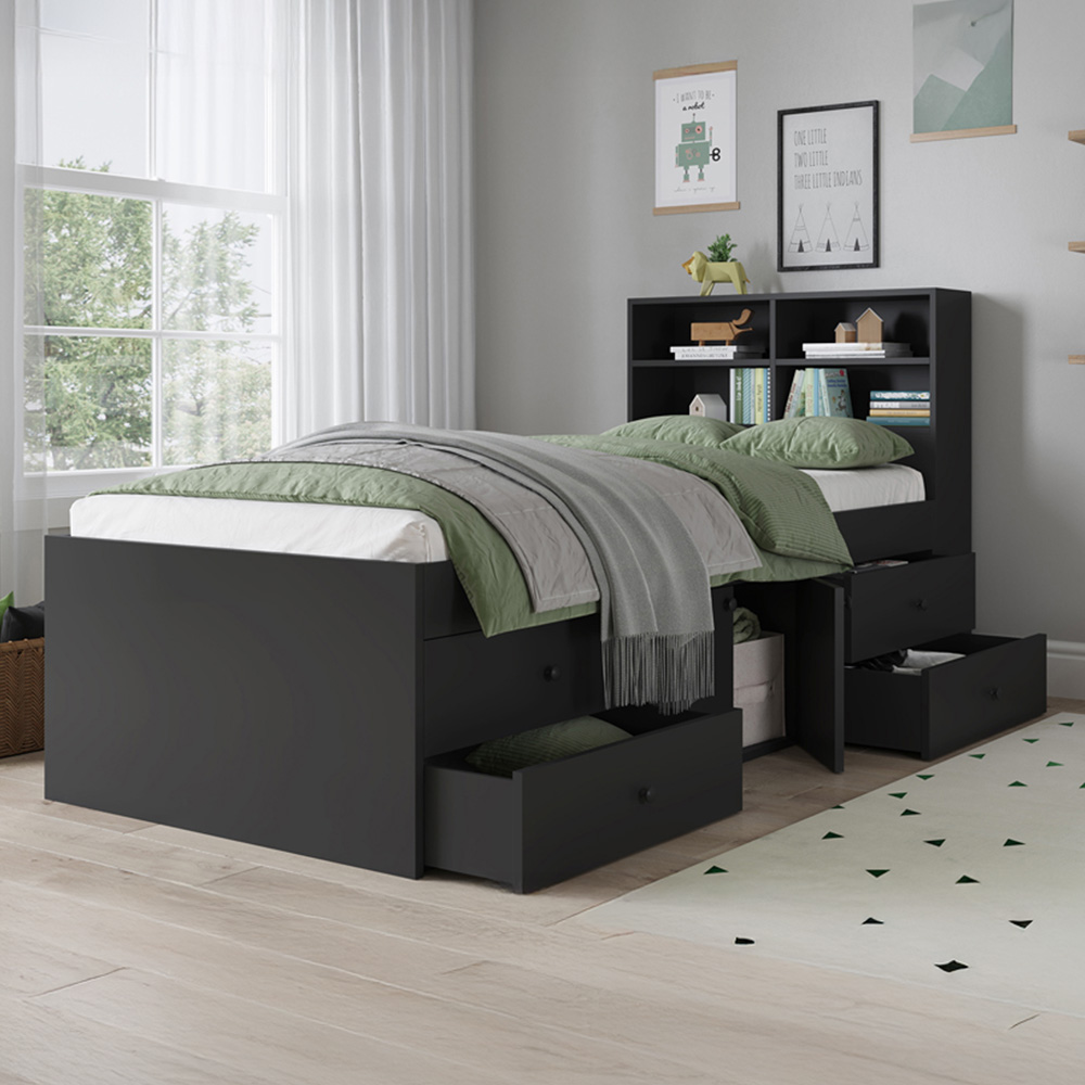 Kudl Captain Single 2 Door 4 Drawer Black Cabin Bed with Bookcase Headboard