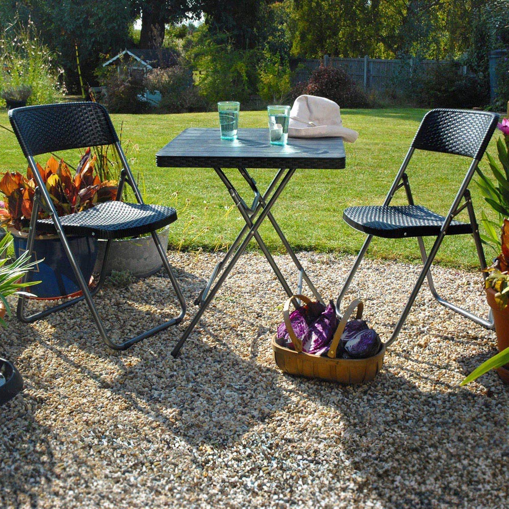Garden Gear 2 Seater Rattan and Wood Effect Folding Plastic Bistro Set Black