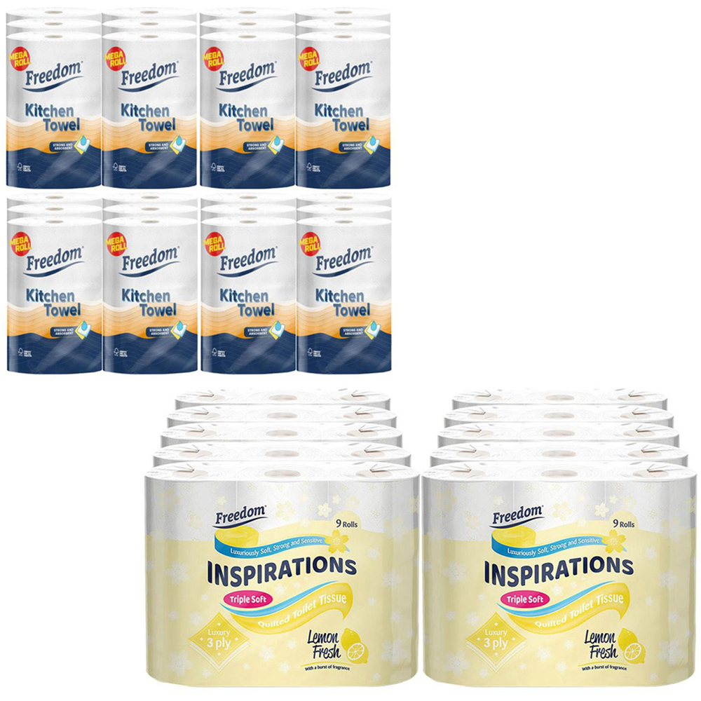 Freedom Lemon Toilet Paper 90 Rolls 3 Ply & Rhino Jumbo Kitchen Towel 24 Rolls