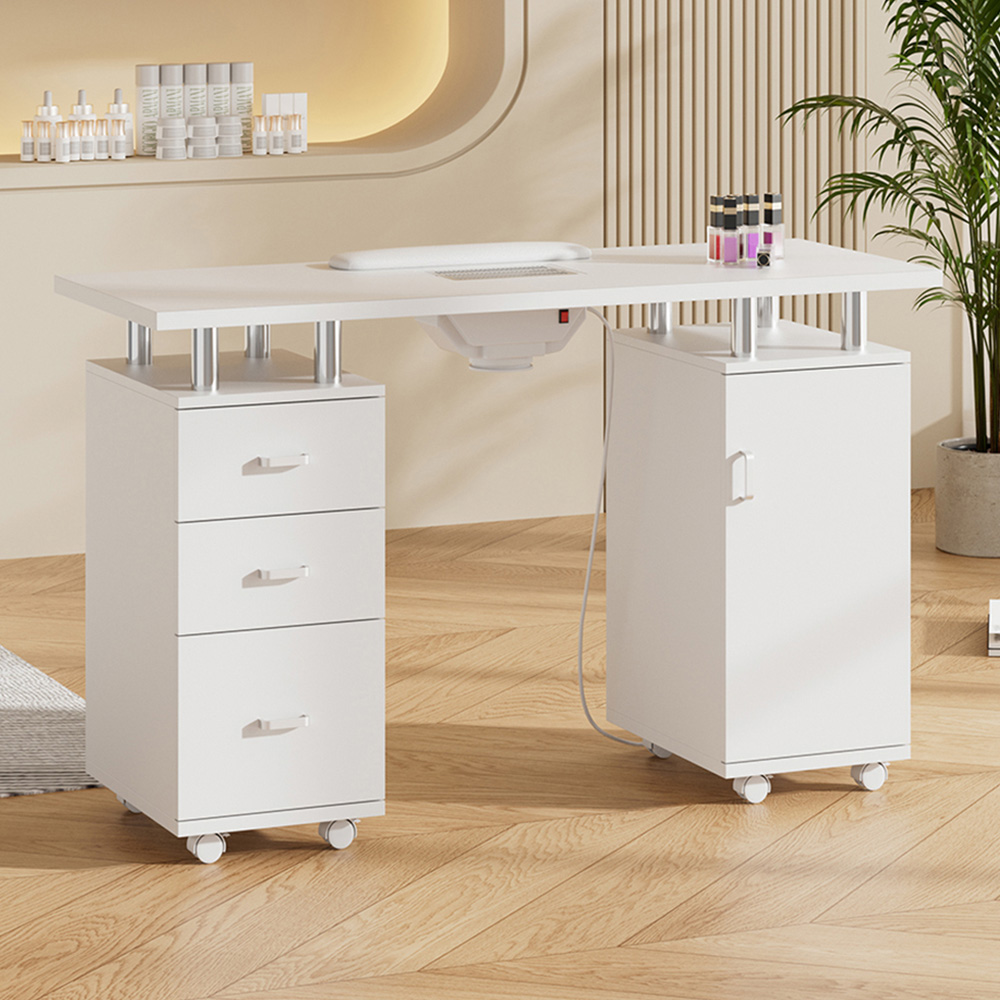 Living and Home Single Door 3 Drawer White Rolling Manicure Table with Dust Collector