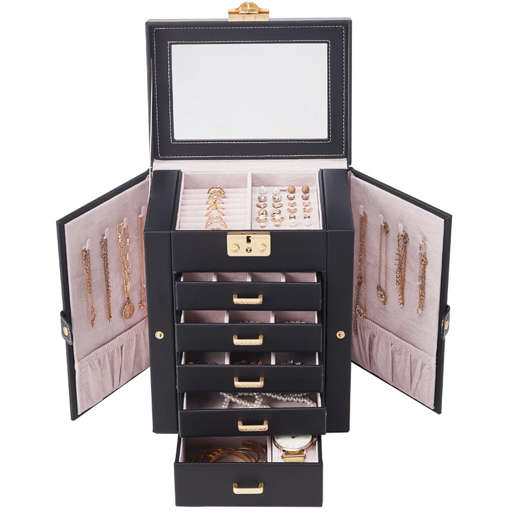 Living and Home 5 Drawer Black Faux Leather Jewellery Box with Mirror