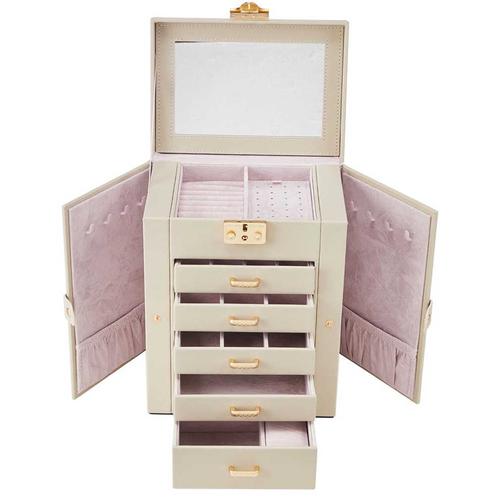 Living and Home 5 Drawer White Faux Leather Jewellery Box with Mirror