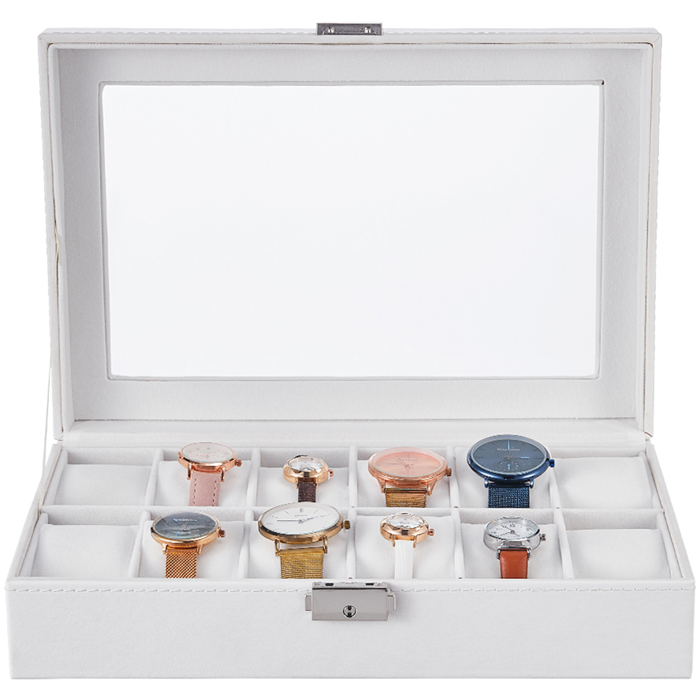 Living and Home 12 Slot White Faux Leather Watch Display Box with Glass Lid