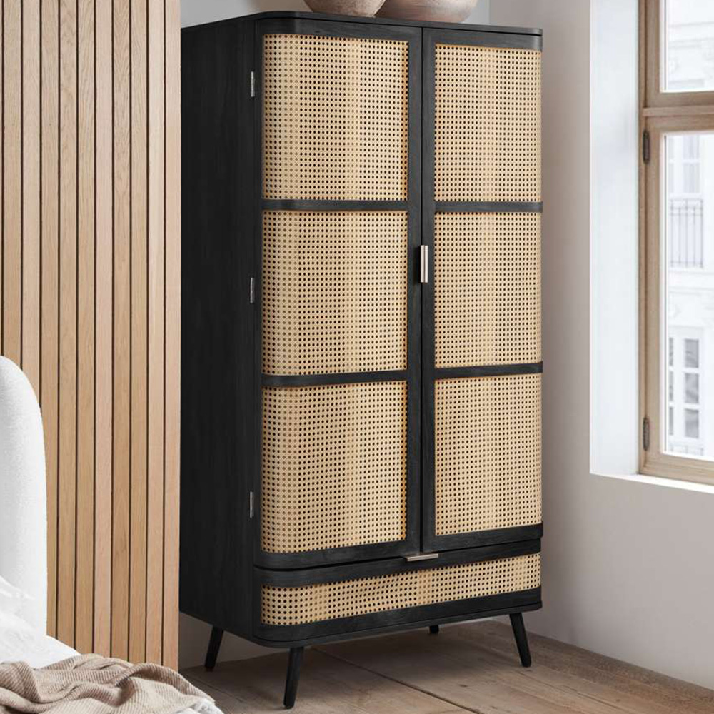 Birlea Noah 2 Door Single Drawer Black Rattan Wardrobe