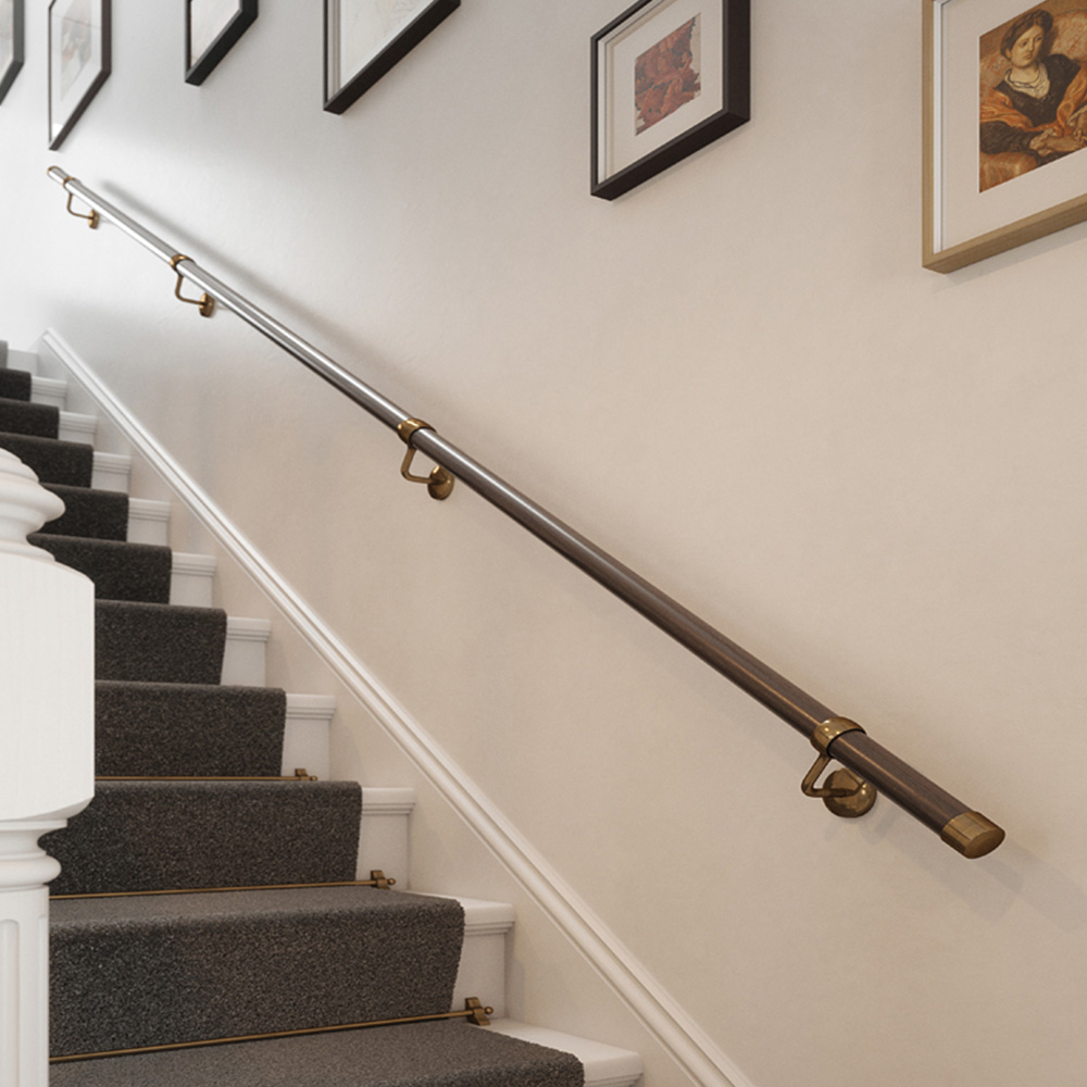 Woodworx 3.6m Ebony Wood Stair Hand Rail Kit - Antique Brass Brackets - Smooth Finish