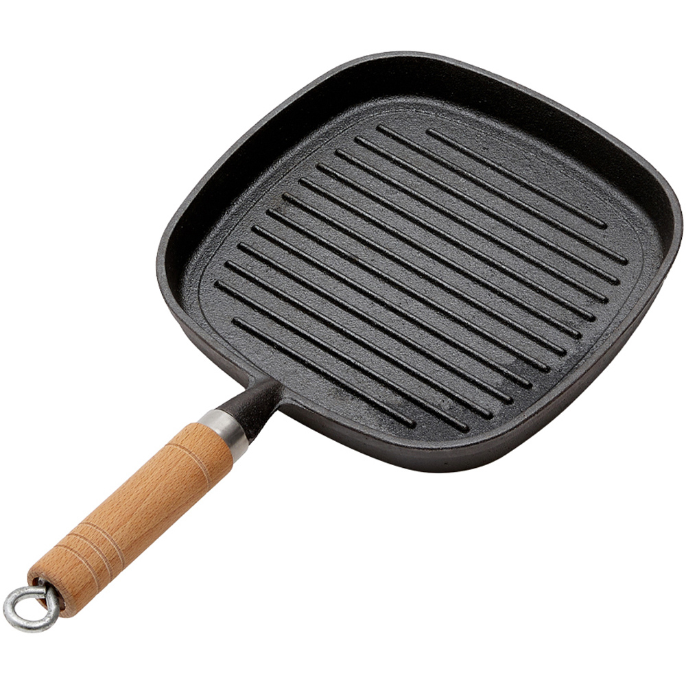 Living and Home 22cm Pre Seasoned Square Cast Iron Grill Pan with Wooden Handle