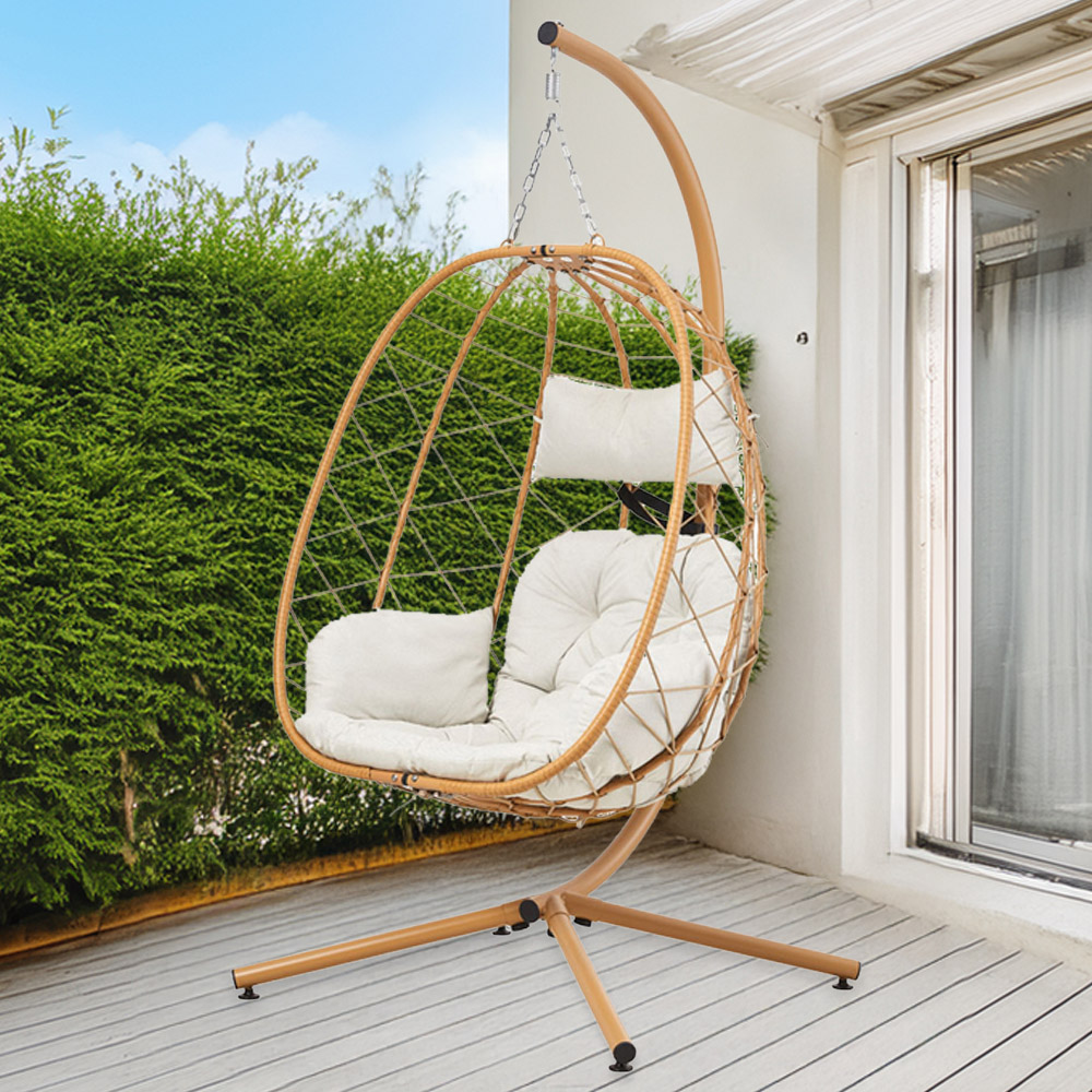 Living and Home Beige and Yellow Adjustable Swing Hanging Egg Chair with Headrest and Cushions