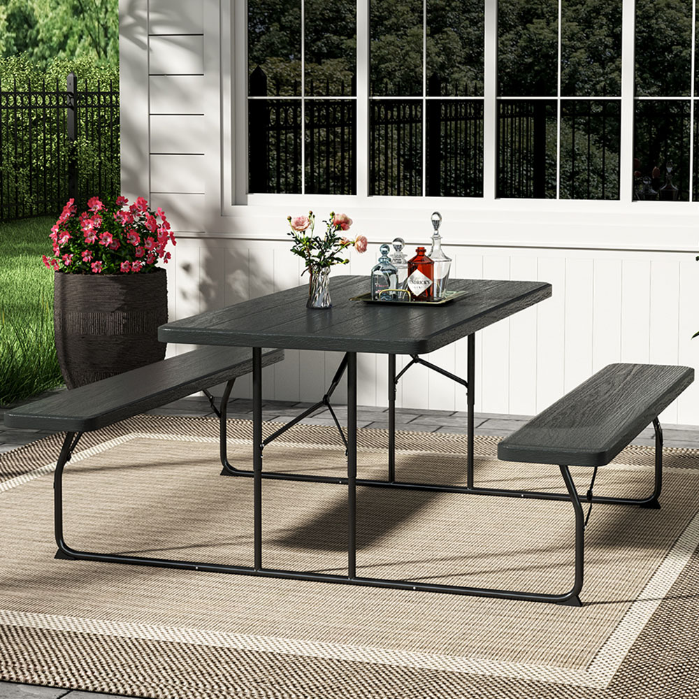 Living and Home Foldable 4 Seater Black Picnic Table and Bench Set