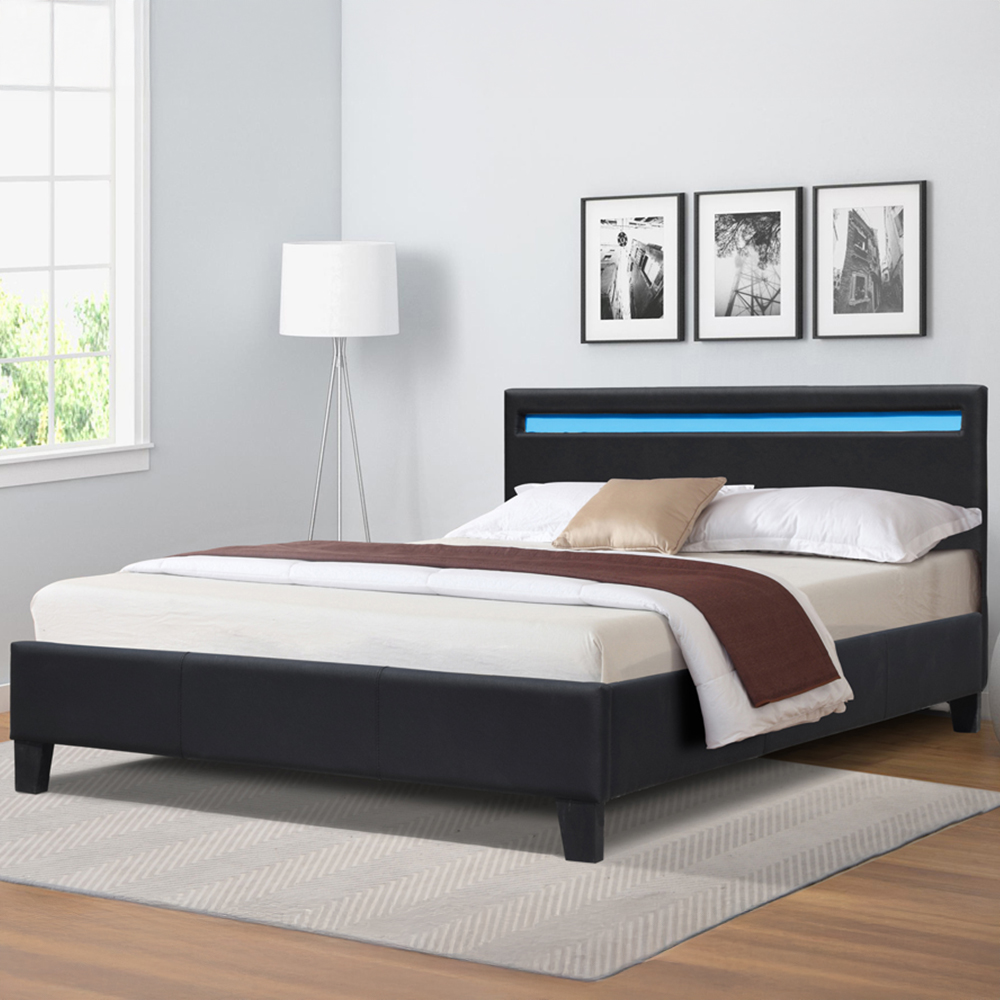 Comfy Living Double Black Faux Leather Bed Frame with LED Strip