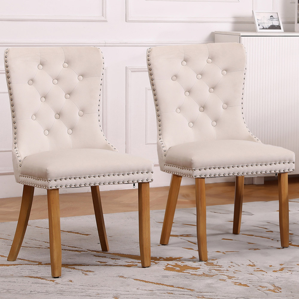 Neo Set of 2 Natural Studded Velvet Dining Chairs with Ring Knocker Detail