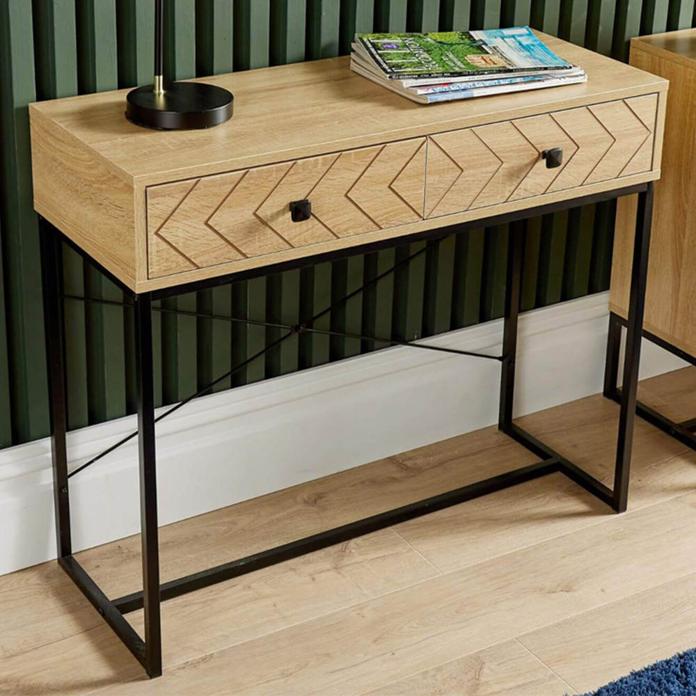Home Source 2 Drawer Oak Effect Aztec Design Console Table with Metal Legs