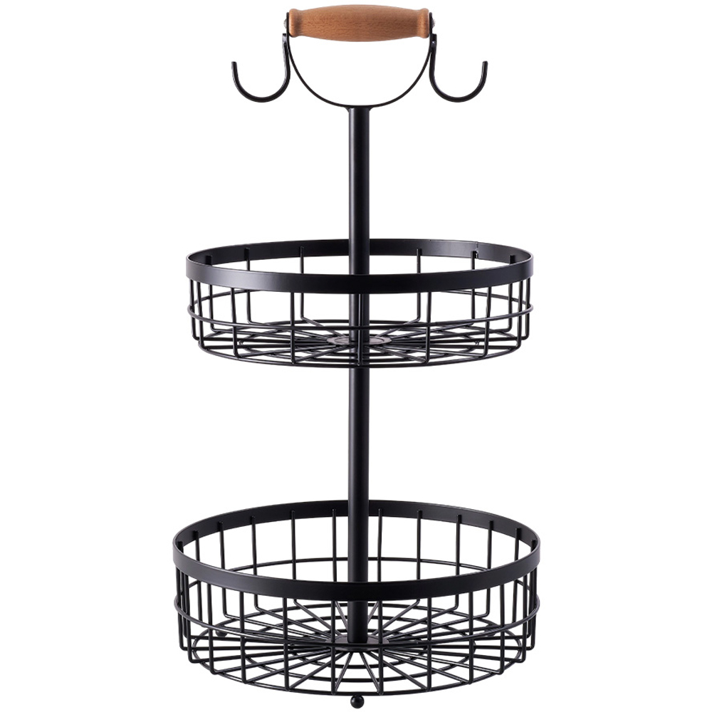 Living and Home 2 Tier Fruit Basket with Hangers and Wooden Handle