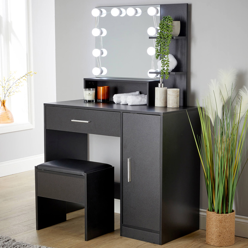 Home Source Sophia Single Door Single Drawer Black Dressing Table Set with LED Mirror